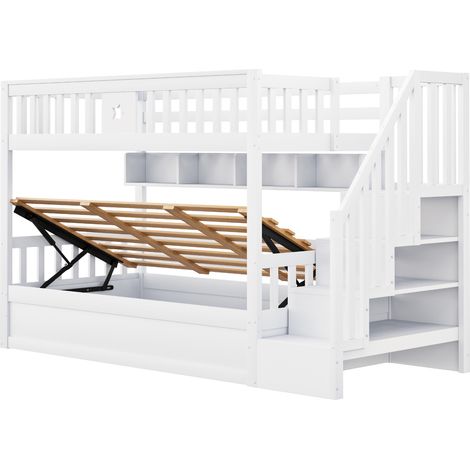 Litera 90 x 200 cm blanca con almacenaje hidráulico, estantes y escalera (1/5)