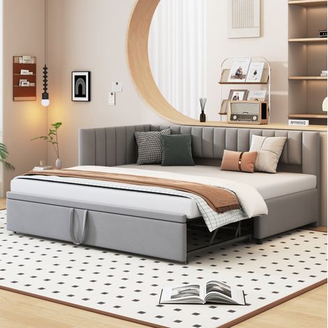 DESVIAE Canapé lit d angle avec lit gigogne 90 x 200 cm velours gris dossier et tête de lit pour chambre enfant chambre d amis gain de place (1/5)