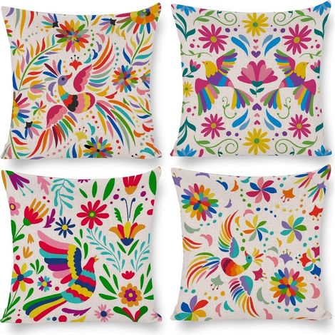 Funda de cojín de lino con estampado floral y de pájaros, estilo mexicano, 45 × 45 cm, estampada por ambos lados, juego de 4. (1/5)