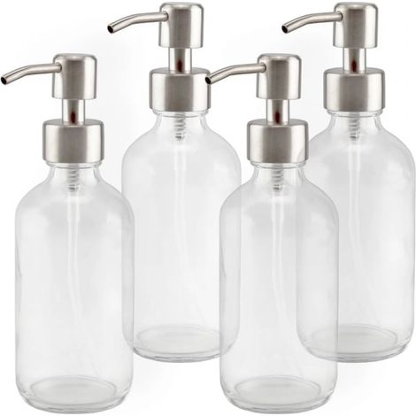 Juego de 4 dispensadores redondos, 235 ml, bomba de acero inoxidable, botella transparente, baño, cocina (1/5)
