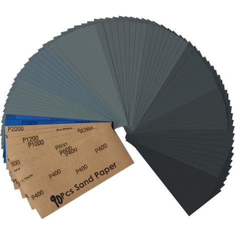 Set de papiers abrasifs - Finition 23 x 9 cm - Granulométrie 400 600 800 1000 1200 1500 2000 2500 3000 Papier - 90 pièces Papier abrasif humide et sec (1/5)