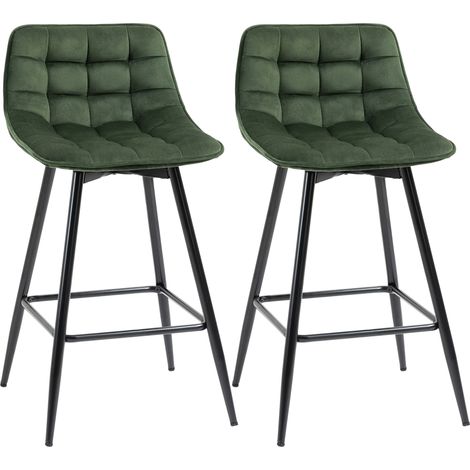 Set aus 2 hohen Hockern im nordischen Stil mit Rücken- und Fußstütze, Hocker mit samtartigem Stoffbezug und Metallrückenlehne, 45 x 47 x 84 cm, Grün