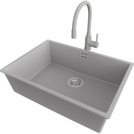 PRIMAGRAN Evier Sous Plan 66x47cm,Evier en Granit 1 bac + Robinet 38x14cm + Kit de Vidage, Évier au meuble 70cm - London, Gris (1/5)
