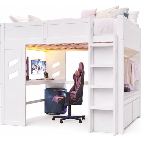 Cama alta 140x200 cm con escritorio, LED con app y temporizador, 1 USB y 1 USB-C, 2 cajones y perchero, blanca, de pino y MDF - CHICFURN (1/5)