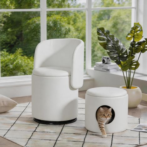 Sillón Puf Giratorio 360° con Almacenaje Integrado, Asiento Acolchado, Terciopelo Blanco (1/5)