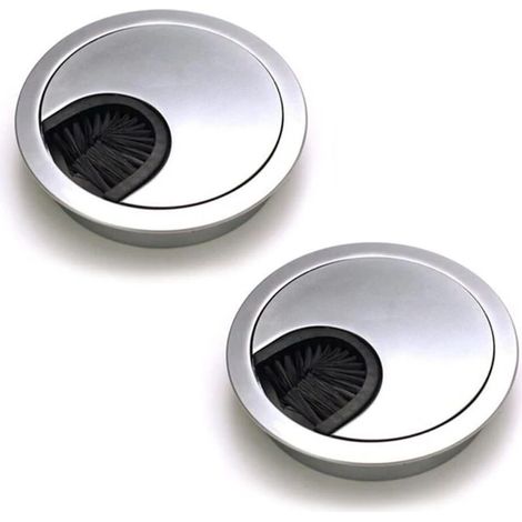 Lot de 2 passe-câbles ronds encastrés, en acier brossé, pour la gestion des câbles de bureau, diamètre 60 mm - finition chrome argent nacré (1/5)