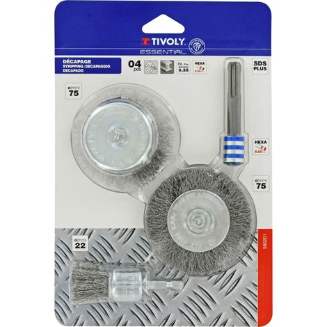 Tivoly • Set da 4 pezzi: 3 spazzole metalliche + 1 adattatore SDS+ (1/4)