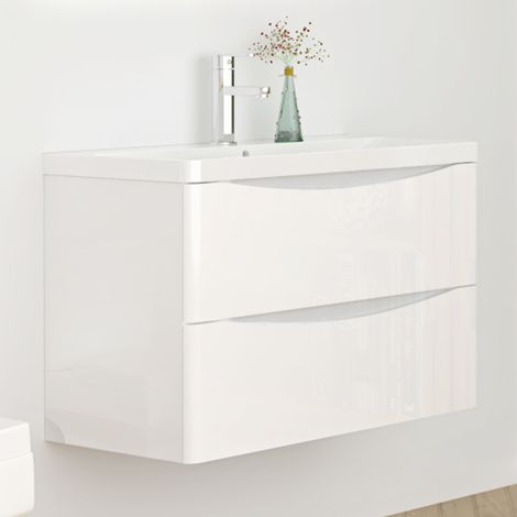 80 cm Badmöbel Set Weiß Hochglanz Waschbecken mit Soft-Close Unterschrank Waschtisch (1/5)