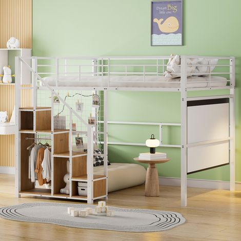 Lit mezzanine 140x200 avec échelle sécurité - Cadre en fer robuste et rangement - Pour enfant et ado - Blanc (sans Matelas) (1/5)