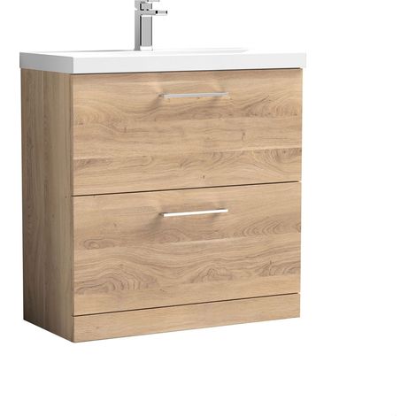 Balterley Contemporary Bathroom Floor Standing 2 Soft-Close Drawer Vanity Unit & Mid-Edge Ceramic Basin, Bleached Oak, 800 mm