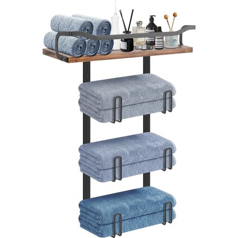 Porte-Serviettes avec étagère en Bois, entièrement en métal antirouille pour Rangement de Salle de Bain, Montage Mural (Noir Mat) (1/5)