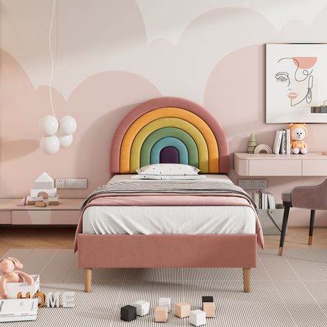 Cadre de lit en velours rose 90x200 cm avec sommier à lattes et tête réglable en hauteur, soutien bois, pour adolescent et adulte, assemblage simple, ensemble complet