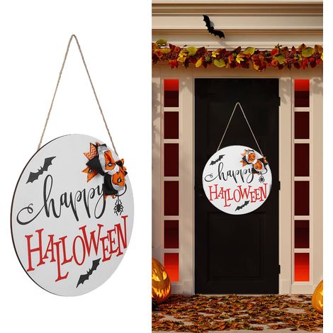 Fröhliches Halloween Halloween-Dekorationen für drinnen, Hängeschilder, Türschilder, Fledermaus-Willkommensschilder, weißer Stil. (1/5)