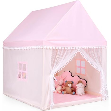 COSTWAY Tenda da Gioco per Bambini, Casetta Grande in Tessuto Oxford con Tappetino Morbido, Struttura in Legno Massello, Zanzariera e 2 Finestre, per 4 Bambini 3-12 Anni (1/5)