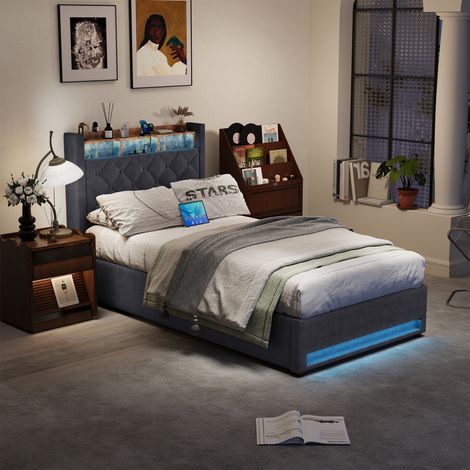 Letto imbottito vintage grigio 90x200 cm con illuminazione LED comandata da telecomando, porta USB, vano portaoggetti a pistone a gas e reticolo a doghe stabile (1/5)