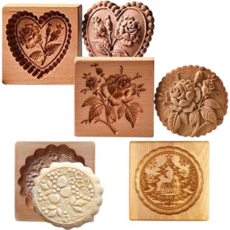 Lot de 4 moules à biscuits en bois sculpté - Moule à biscuits - Emporte-pièce amusant en 3D - Motif floral - Outil de cuisson (1/5)