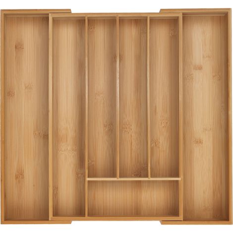 Relaxdays Cutlery Tray, 5-7 Compartments, 5 x 30.5-50 x 47 cm, Extendable Drawer Organiser, Bamboo, Kitchen, Natural