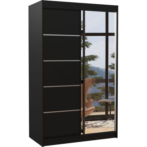 Petite armoire de chambre 2 portes coulissantes bois noir et miroir Noka 120cm (1/5)