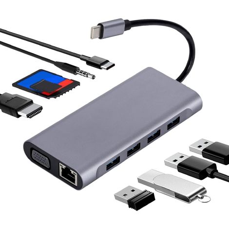 Applicable USB C Hub 11 en 1 USB 3.0 Station D'amarrage HD VGA 4K Prise en Charge de 5 Gbps 87W PD Charge 100 Mbps Adaptateur Multiport RJ45 pour PC D'ordinateur Portable