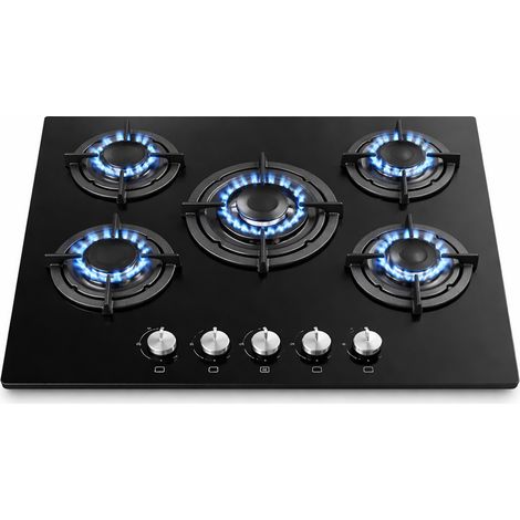 Piano Cottura in Vetroceramica Nero 5 Fuochi Ghisa Bruciatore a Incasso in Vetro