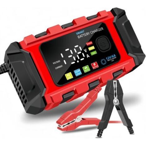 12V/6A colour display (red) 12V 6A car and motorbike battery charger with large display, compatible with lead-acid batteries (1/4)