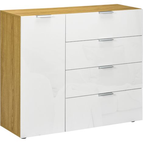 Wohnzimmerschrank mit Schubladen und verstellbaren Einlegeböden, 105 x 35 x 92 cm, Weiß und Natur