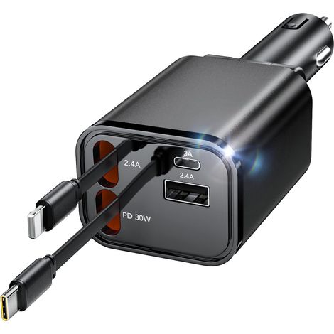 69W USB-C Car Charger [Instant Bounce], 4-in-1 Car Charger Compatible with iPhone 16/Galaxy, Retractable Travel Car Charger (1/5)