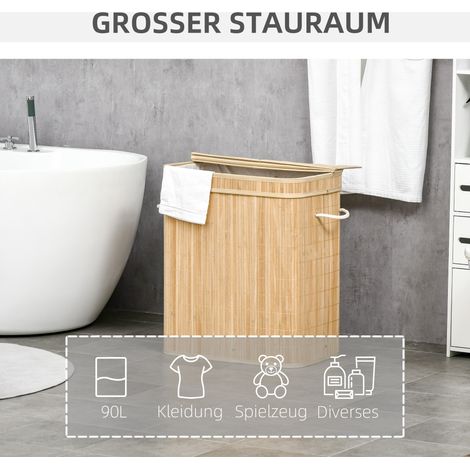 Panier à linge pliant en bambou, bac à lessive pratique 90 L avec housse intérieure amovible et couvercle