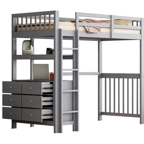 Lit mezzanine 90200cm, échelle de sécurité verticale, tiroirs et étagères, design avec grande barrière, sommier à lattes, lit en pin, lit simple en bois gris (1/5)