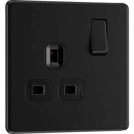 Electrical FFB21B Prise murale à interrupteur unique, plaque avant sans vis, profil mince, plaque plate de qualité supérieure, noir mat, 13 A, FFB21B (1/5)