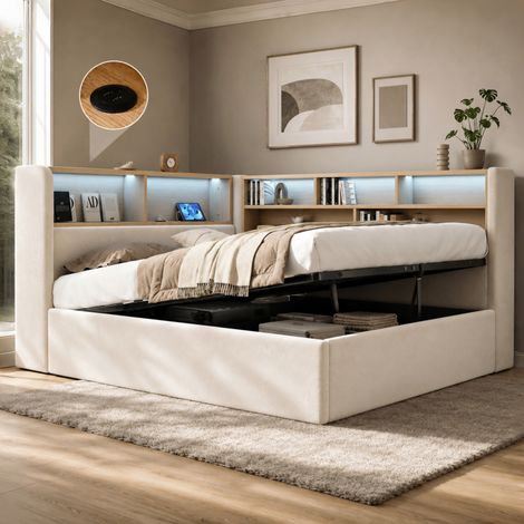 Cama arcón 140x190 cm en terciopelo beige, LED y USB-C (1/5)