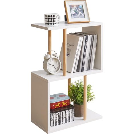 Table D'appoint Étroite avec Étagère de Rangement Ouverte, Bout de Canapé en S, 60 cm de Hauteur, Table de Chevet à 3 Niveaux pour Petits Espaces, Salon, Chambre, Bureau, Blanc (1/5)