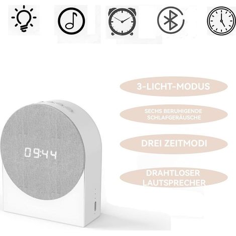 Digitaler Wecker, 1200 mAh Bluetooth-Lautsprecher mit Nachtlicht, 3 Beleuchtungsmodi, 30/60/90-Minuten-Timer, 6 Schlafgeräusche, Typ-C-Ladeanschluss.