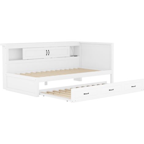 Lit gigogne 90x200 cm blanc avec LED, rangement latéral, prise USB, sans matelas (1/5)