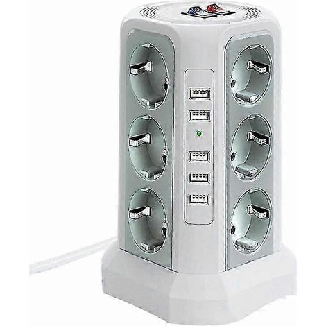 Multiprise électrique tour avec 5 ports USB, 12 prises et 3 interrupteurs, blanche (1/5)