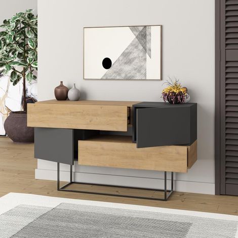 Consolle Moderna 145x40x82 cm con 2 Ante 2 Cassetti e Gambe Alte Quercia e Antracite (1/4)