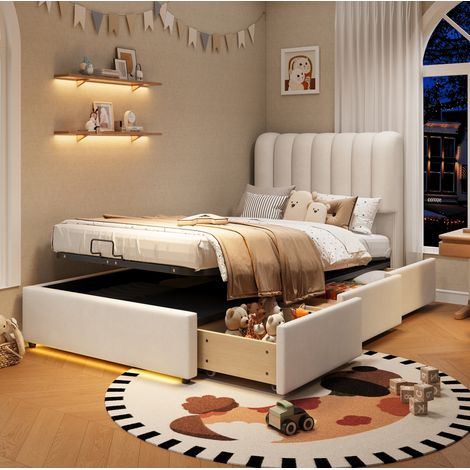 Cama infantil con almacenaje 90x200 cm beige de terciopelo con LED y 3 cajones (1/5)