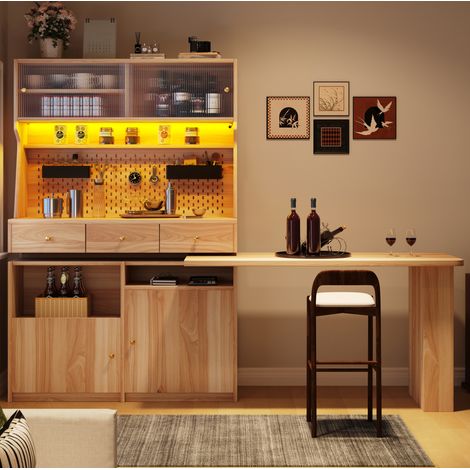 Meuble haut bureau-bar 137x74x177,7 cm en MDF et verre naturel, gain de place pour salon FloraGrace (1/5)