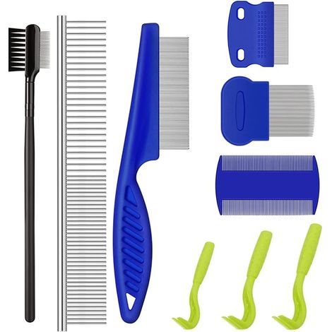 9 PCS Kit de peigne anti puce chiens et chats,Peigne Anti Poux,Peigne Anti Puces pour Chat, Elimination poux et poussière Outil de toilettage en acier inoxydable avec pointes arrondies (1/5)