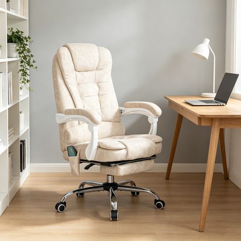 Fauteuil bureau massant chauffant, hauteur réglable, dossier inclinable. 65x70x111-119 cm crème, confort et chaleur pour des journées de travail sereines. (1/5)