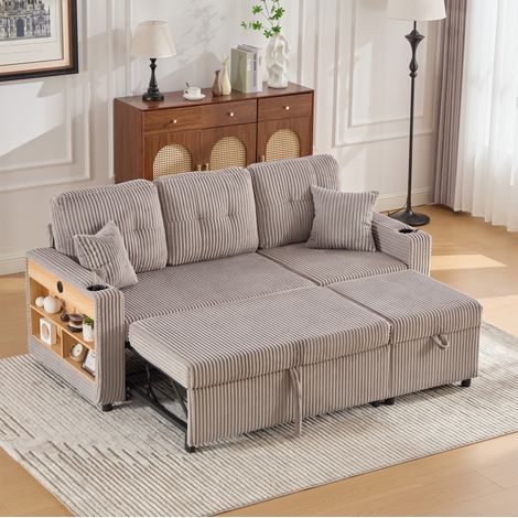 Divano letto 196 cm con contenitore, USB-C, LED e portabicchieri, grigio chiaro DESVIAE (1/5)