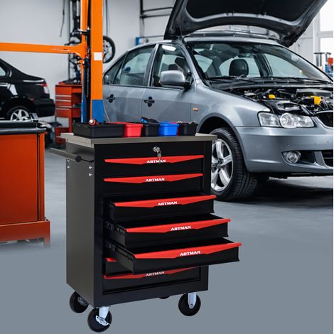Carrello portautensili con 7 cassetti e ruote, acciaio, piano in acciaio inox, nero e rosso (1/5)