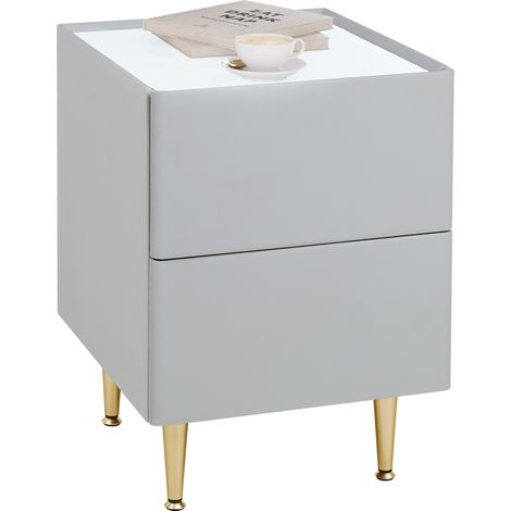 Woltu – Table de chevet moderne 40x35x51cm – MDF, PVC et métal – 2 tiroirs avec glissières métalliques – Capacité de charge 30kg – Gris et doré (1/5)