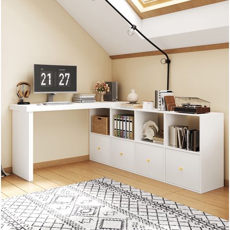 Drehbarer Eckschreibtisch 120 x 48 x 78 cm aus weißem MDF mit 8 Ablagen – MEUBLIV (1/5)
