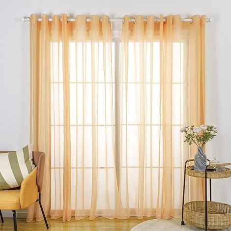 Panneaux Rideaux Voilages Voile à œillets Transparents pour fenêtres, Balcon, Salon (Largeur 140cm x Hauteur 225cm, Orange) (1/2)