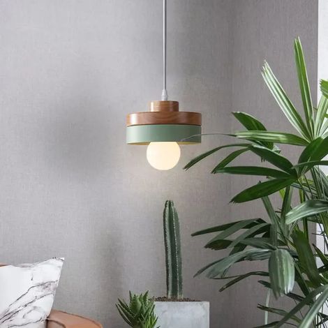 Suspension - Lustre Rond - Bois et Métal - Abat-jour Vert - E27 - 180 mm x 100 mm - Câble Ajustable Jusqu’à 180 cm - Pour Salon ou Salle à Manger - 1 Pièce