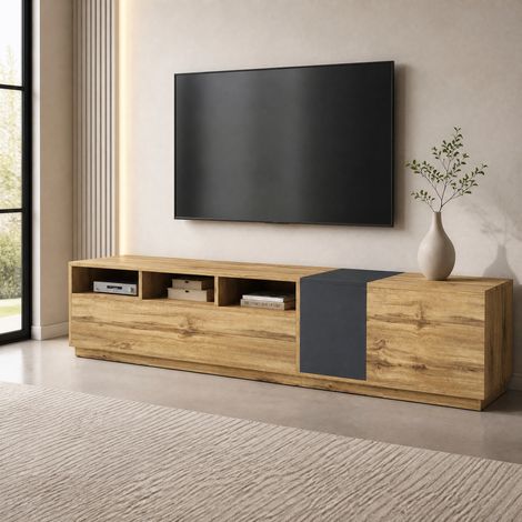 Mueble TV 200 x 45 x 45 cm con 3 nichos abiertos y pasa-cables, efecto madera gris negro DESVIAE (1/5)