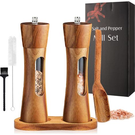 Wooden Salt and Pepper Mill Set - Manual Pepper Mill with Ceramic Mechanism - With Glass Coasters