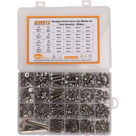 Assortiment de 884 vis, écrous et rondelles M2, M3, M4 et M5 à tête ronde et six pans creux, en acier inoxydable 304