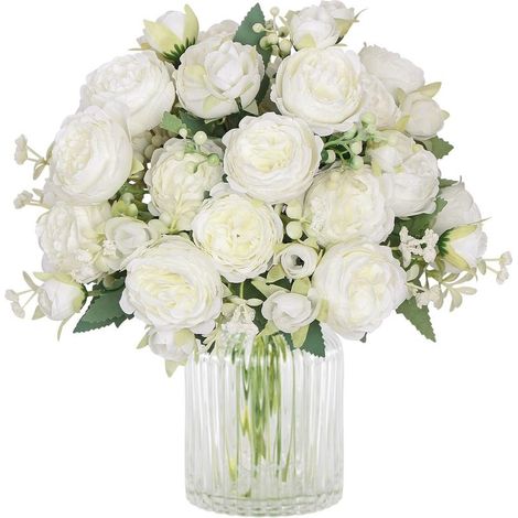 Lotto di 2 Bouquet di Peonie Seta Artificiale per la Festa di Matrimonio, centrotavola Decorazione di interni (Bianco) (1/5)